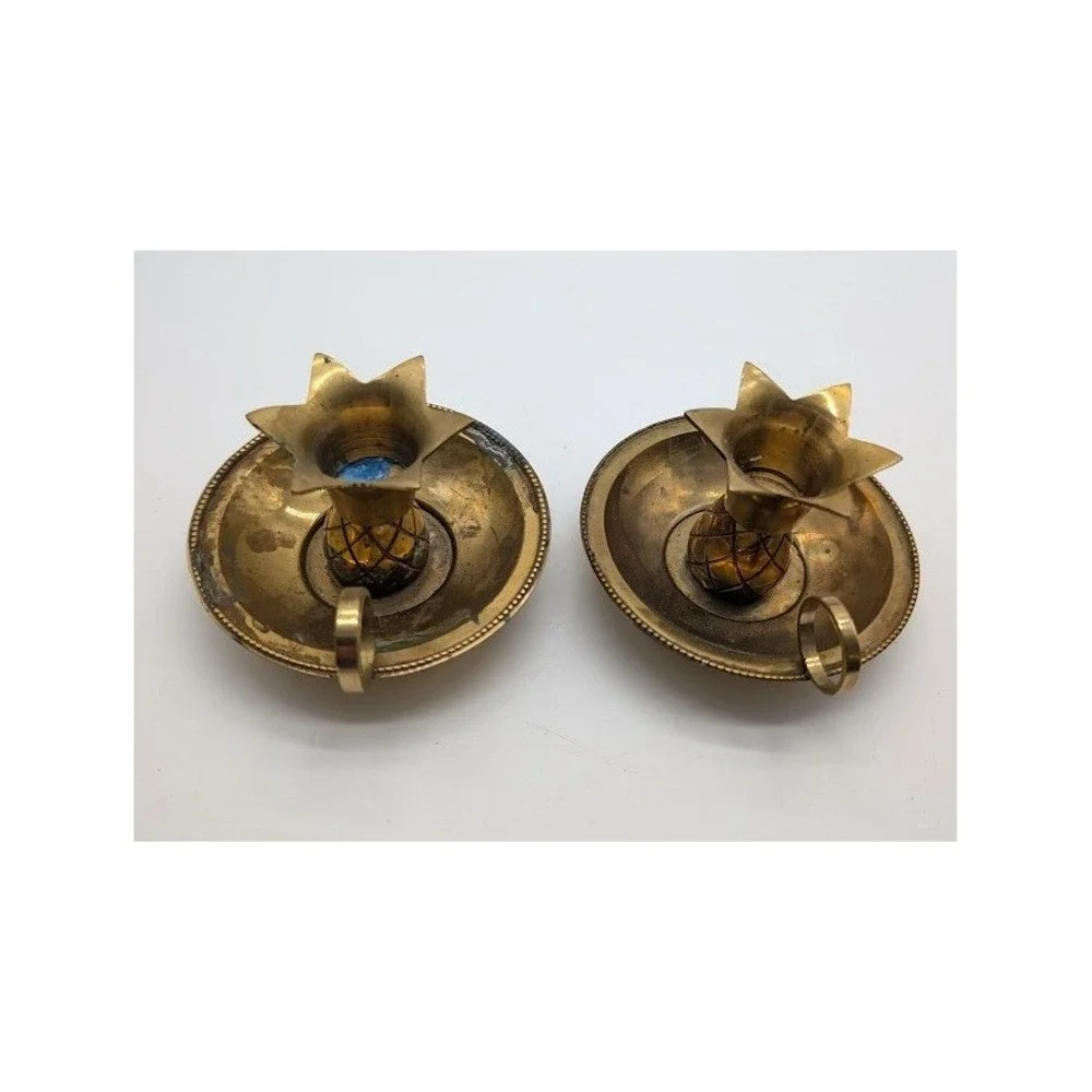 2 Set Vintage Brass Pineapple Chamberstick Candle Holders 4